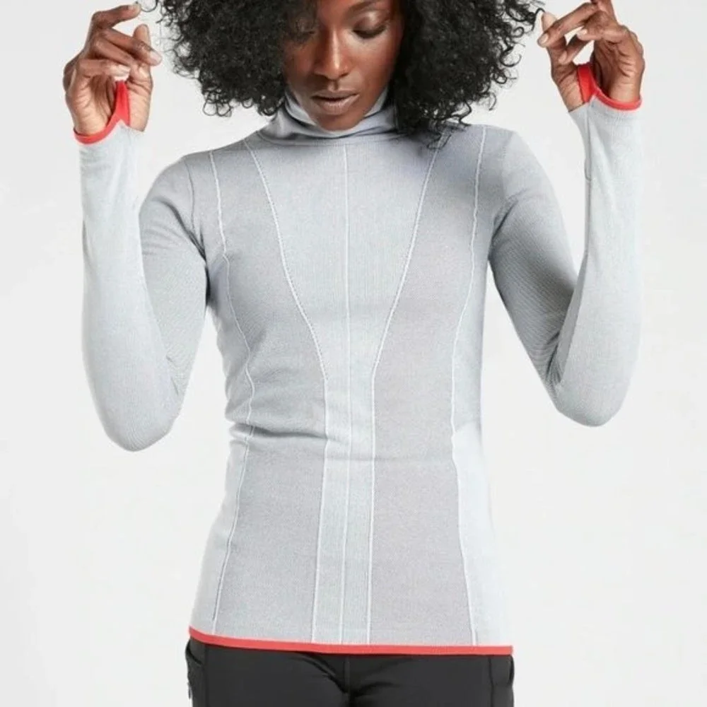 Athleta Light Gray Long Sleeve Tee with Red Trim - Picture 1 of 8